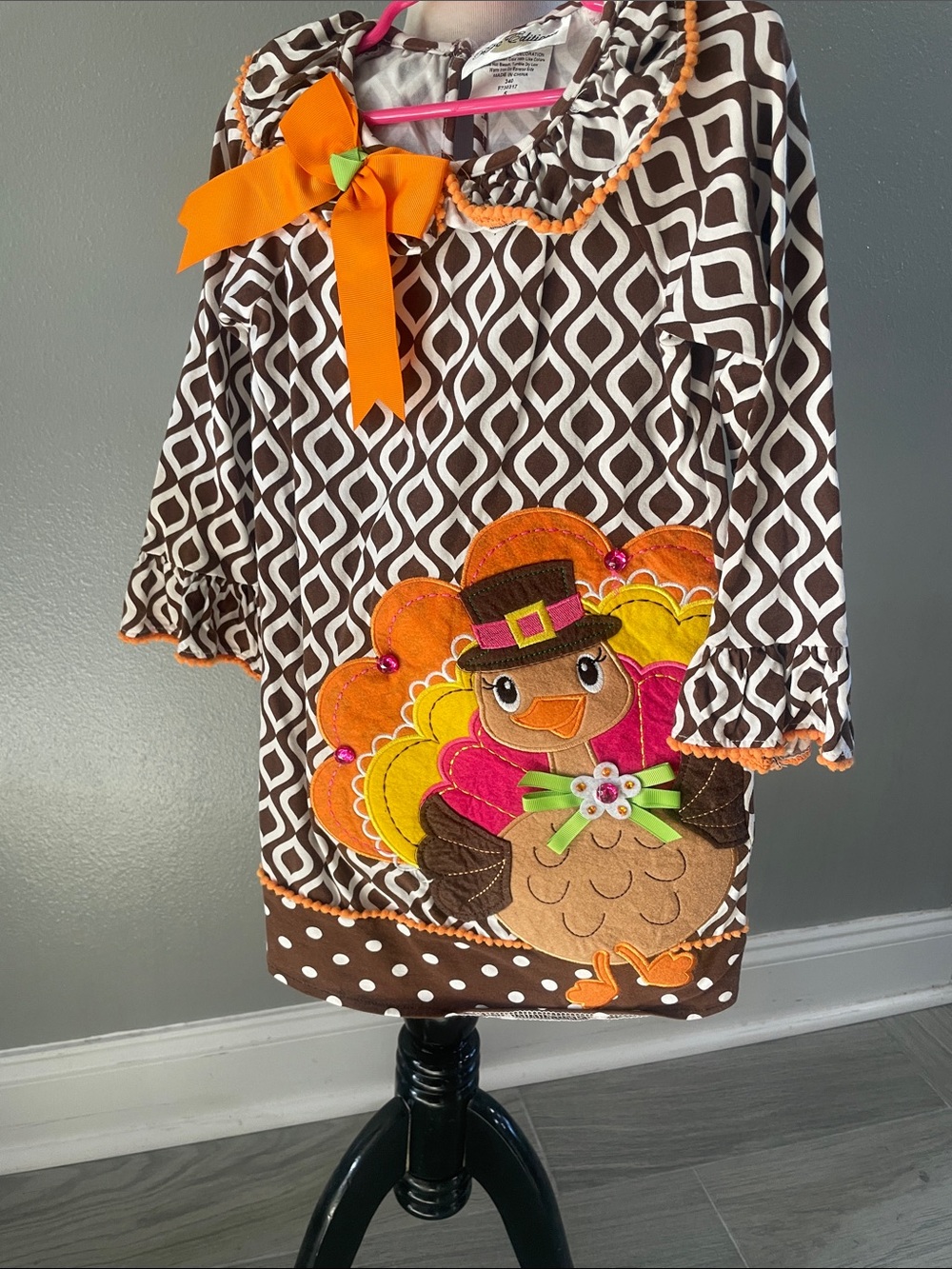 Thanksgiving Turkey Appliqué Kids Costume Dress - Brown & Orange